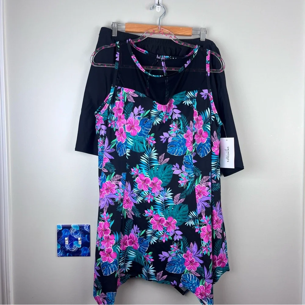 Tropical Floral Mesh-Trim Swim Coverup in Black & Pink